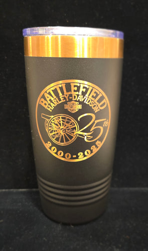 Battlefield Motorcycles Gettysburg 20oz Tumbler Mug 25th Anniversary logo Black/Copper