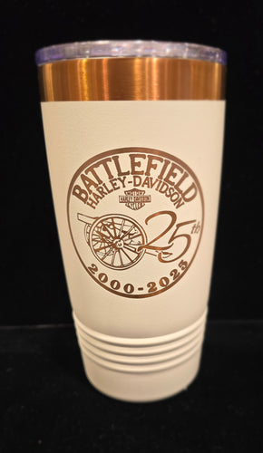 Battlefield Motorcycles Gettysburg 20oz Tumbler Mug 25th Anniversary logo  White/Copper
