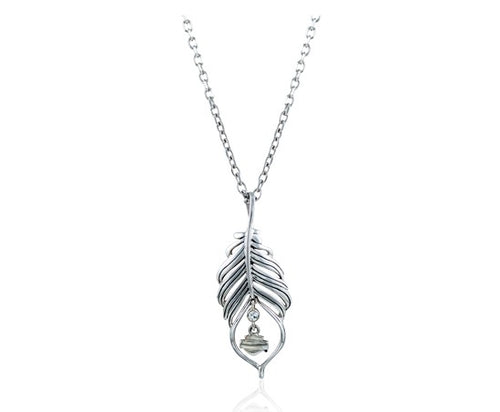 Harley-Davidson® Women’s .925 Silver Boho Feather With Dangling B&S Necklace, HDN0340