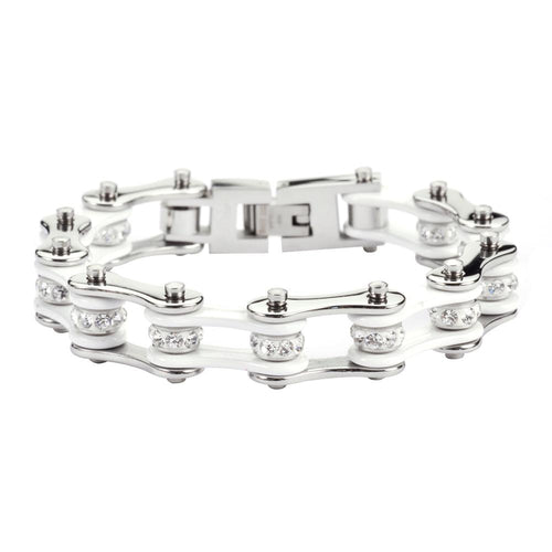 Two Tone Silver White With White Crystal Centers Stainless Steel Motorcycle Bike Chain Bracelet, SK1100