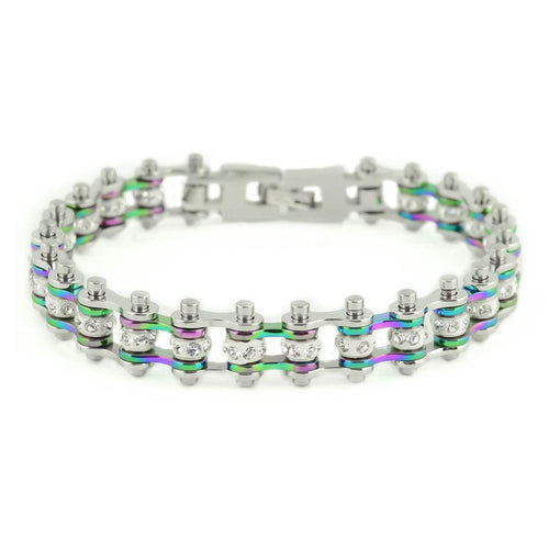 Mini Size Two Tone Silver/Rainbow With White Crystal Centers Bracelet, SK2207