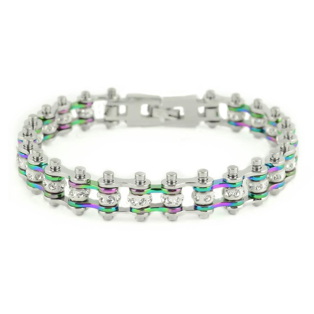 Mini Size Two Tone Silver/Rainbow With White Crystal Centers Bracelet, SK2207