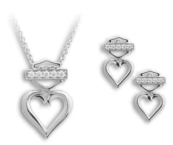 Harley-Davidson® Women's Bling Heart Necklace & Post Earrings Gift Set, HDS0008-18